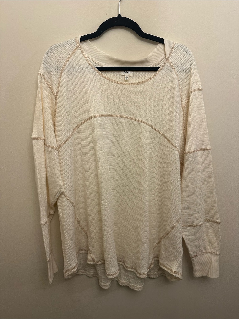 BKE XL Cream Waffle Knit Thermal Top Oversized Contrast Stitch Slouchy Comfy